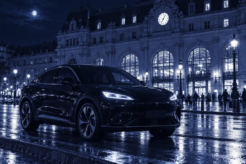 Taxi Poissy Paris : la BYD Sealion 7 noire de PeaceDrive VTC attend devant la gare Saint-Lazare