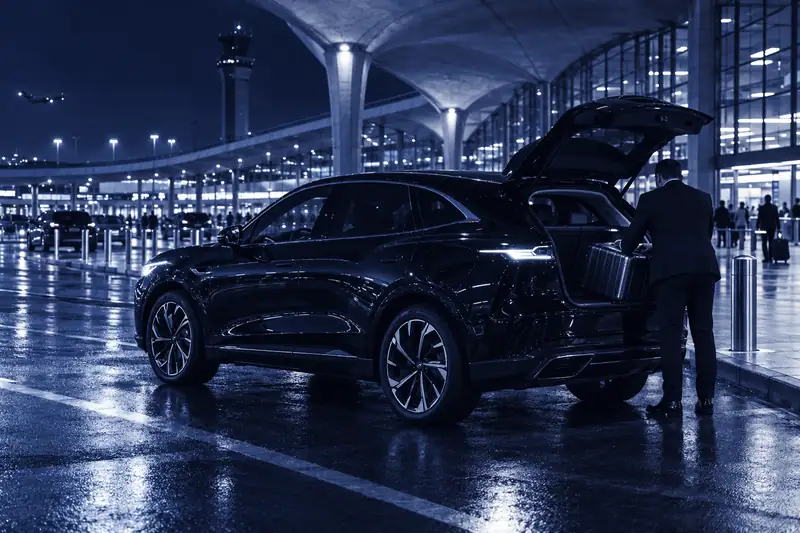 Taxi Poissy aéroport : le chauffeur de PeaceDrive VTC charge une valise au terminal 2 de Roissy-CDG